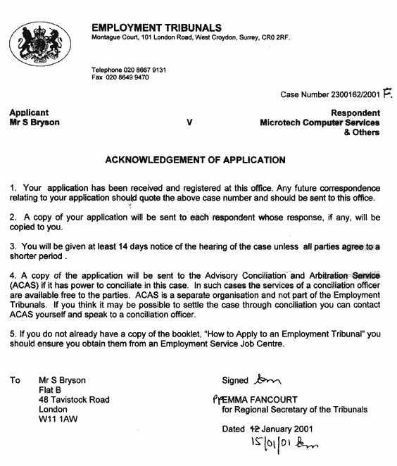ACKNOWLEDGEMENT OF APPLICATION Respondent Microtech Computer Services & Others